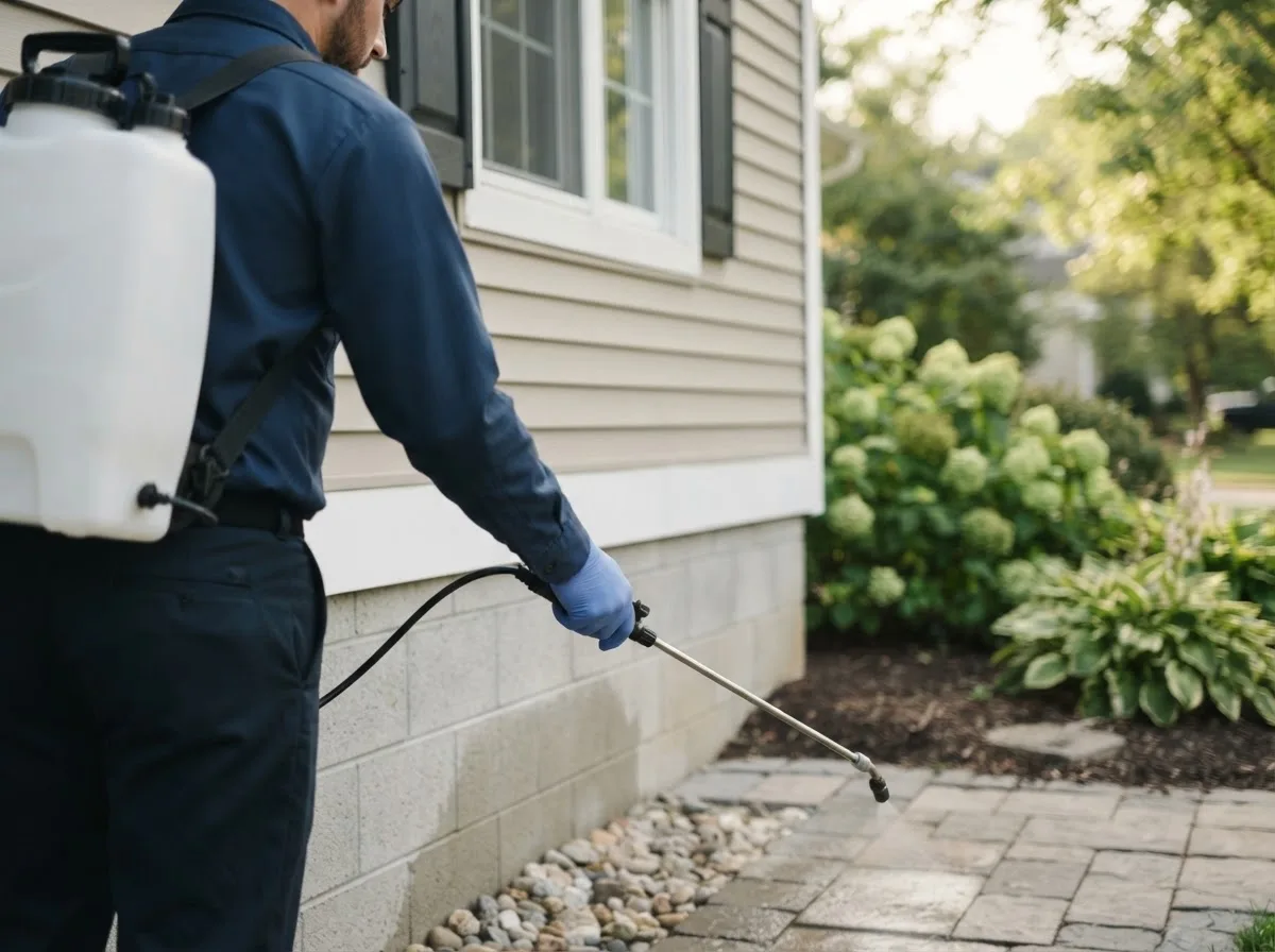 Pest control technician inspecting a home in Agency, IA